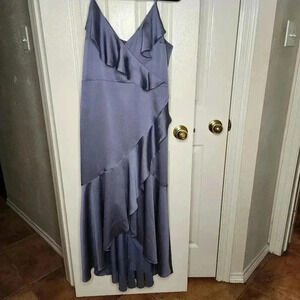 Express Silver Satin Ruffle Tiered Wrap Hi-Lo V-Neck Sleeveless Maxi Dress Large